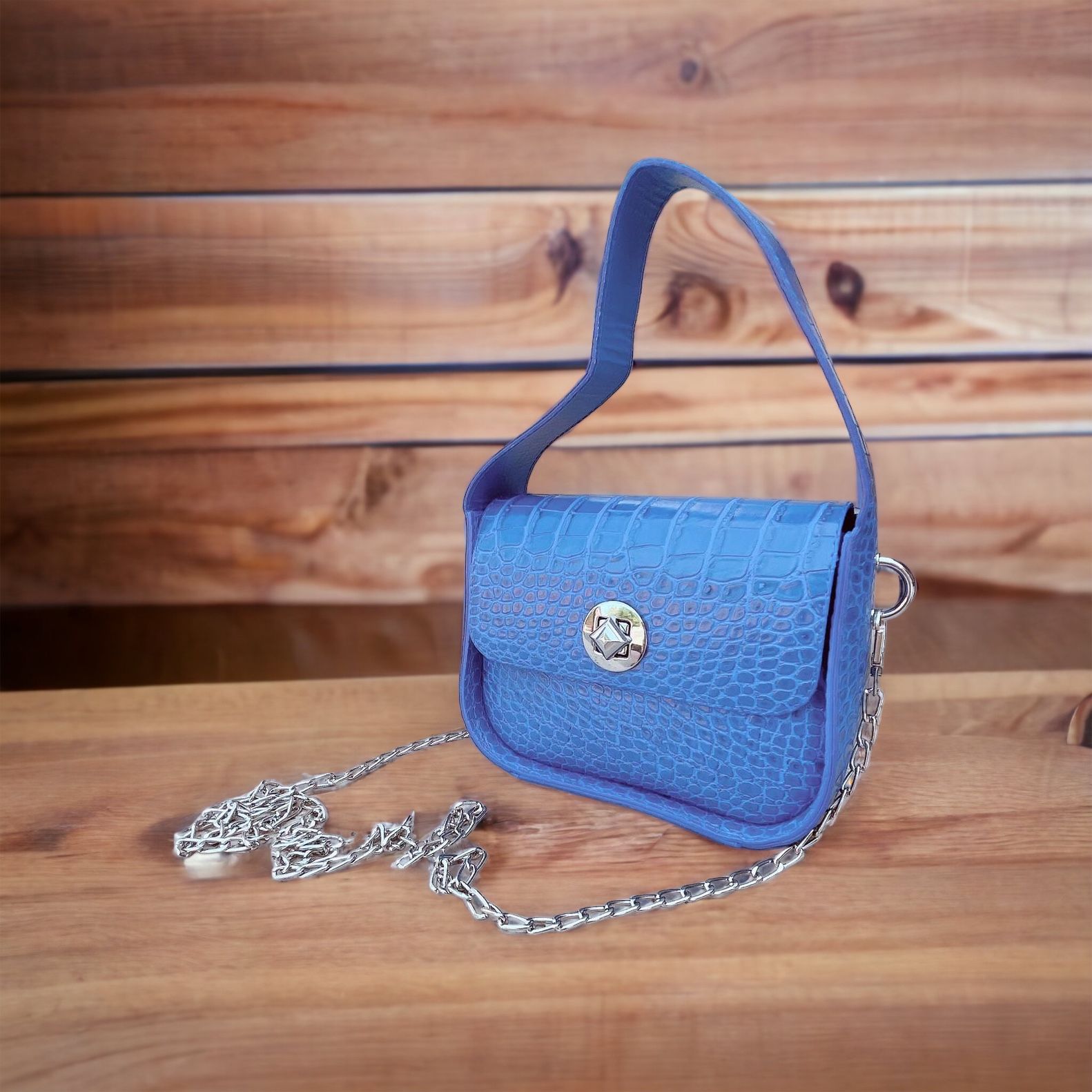 Zincirli Kroko Desenli Mini El ve Omuz Çantası