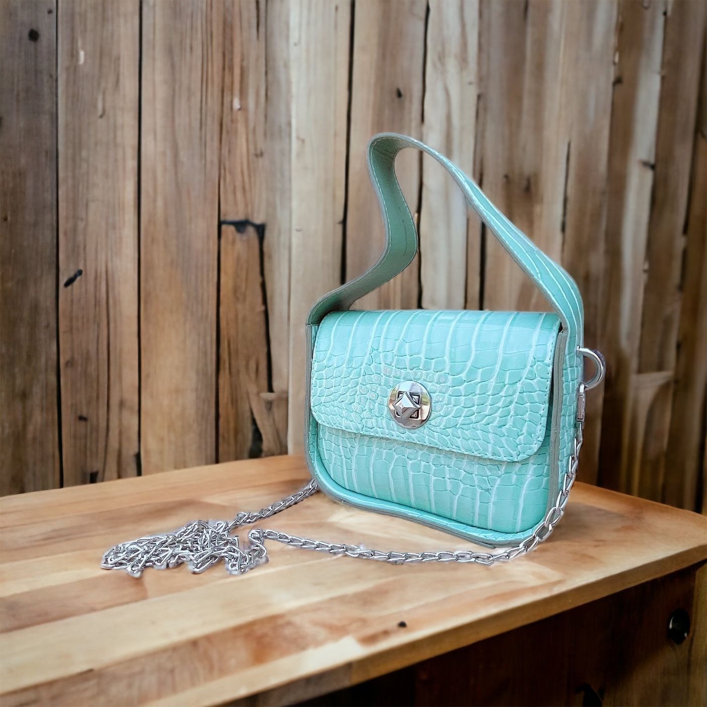 Zincirli Kroko Desenli Mini El ve Omuz Çantası