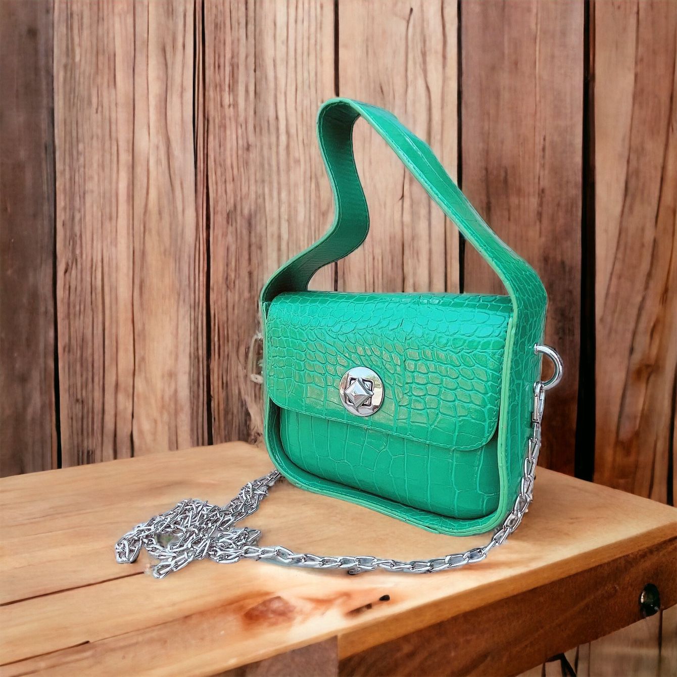 Zincirli Kroko Desenli Mini El ve Omuz Çantası